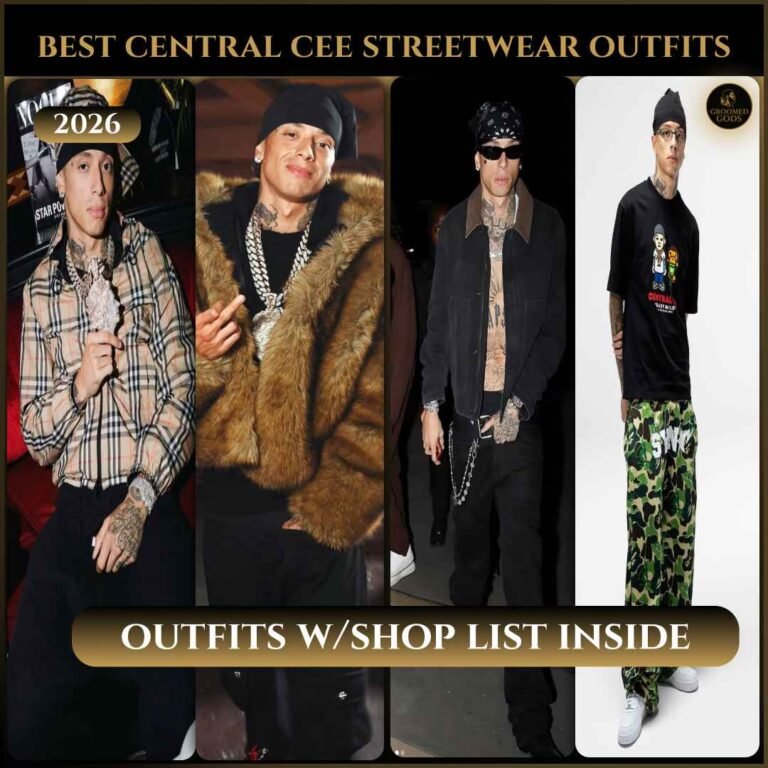 Banner showing Central Cee wearing four streetwear outfits: Burberry check shirt, fur coat with diamond chain, black bandana outfit with Rick Owens pants, and Stüssy graphic tee with green camo pants and Nike Air Force 1 sneakers.