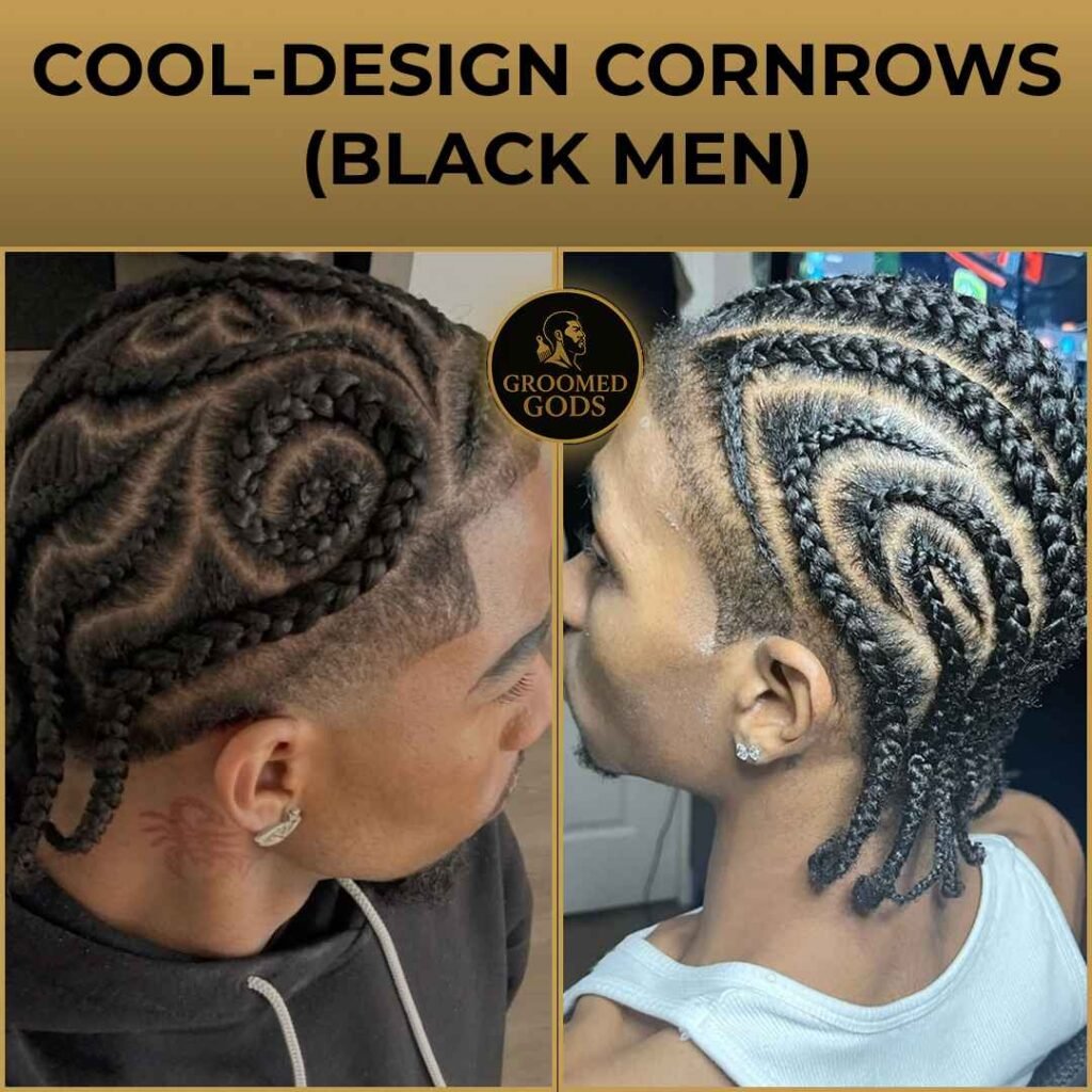 Cool swirl-design cornrows on Black men — detailed braided patterns with clean taper sides.