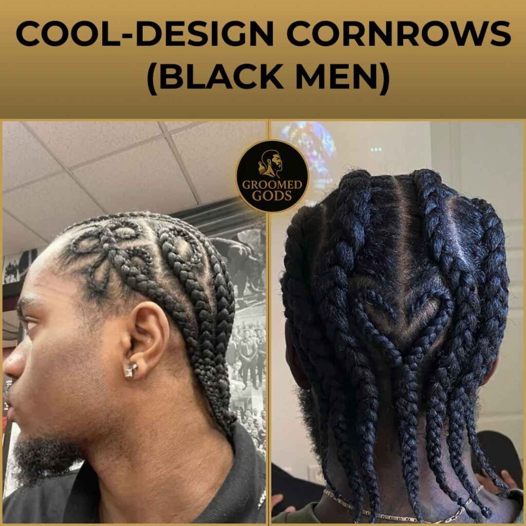 Cool-design cornrows on Black men featuring swirl patterns on the side and thick braided rows down the back.