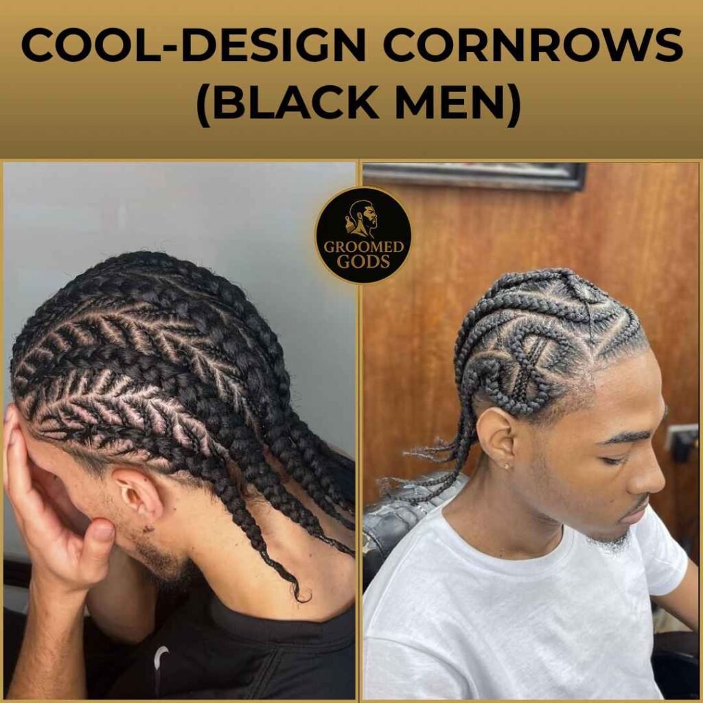 Cool design cornrows for Black men with detailed zig-zag and curved braid patterns.