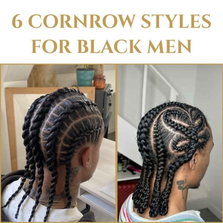 Two Black men with fresh cornrow styles featuring clean parts and detailed braid patterns — showcasing 6 cornrow styles for Black men.