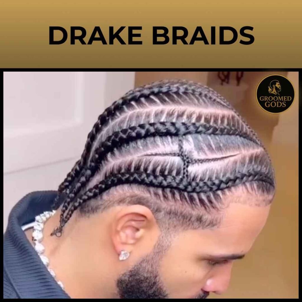 Close up of Drake with layered zigzag stitch cornrows and a clean fade, detailed braiding across the top of the head.