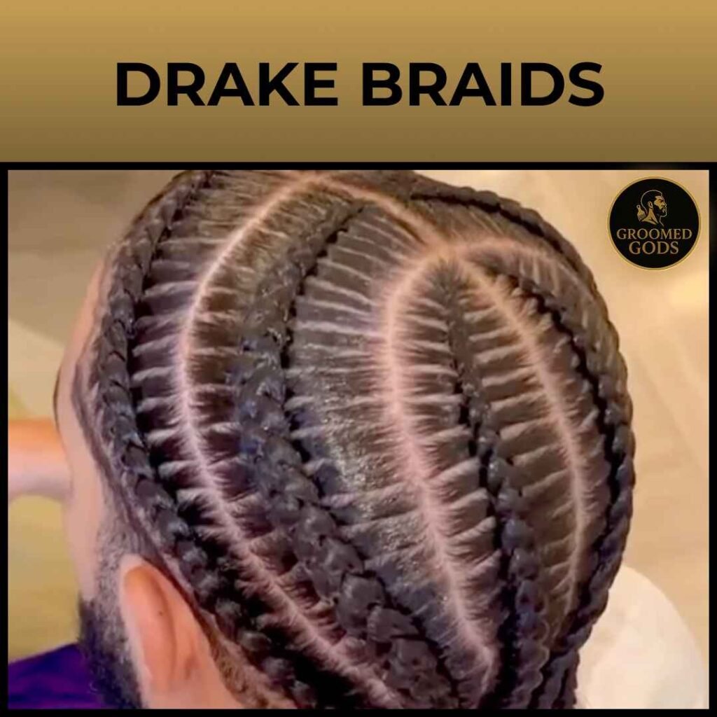 Close up top view of Drake with curved oval stitch cornrows and a low taper fade, detailed parting across the scalp.