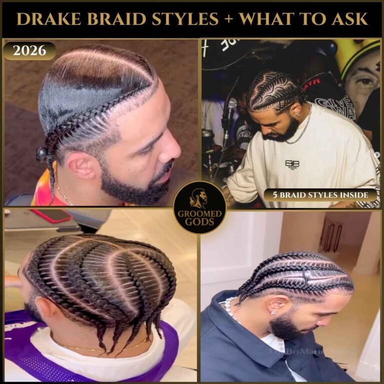 Collage of multiple Drake braid styles including curved stitch braids, straight back cornrows, and detailed part designs with Groomed Gods branding and text saying Drake Braid Styles and What To Ask.