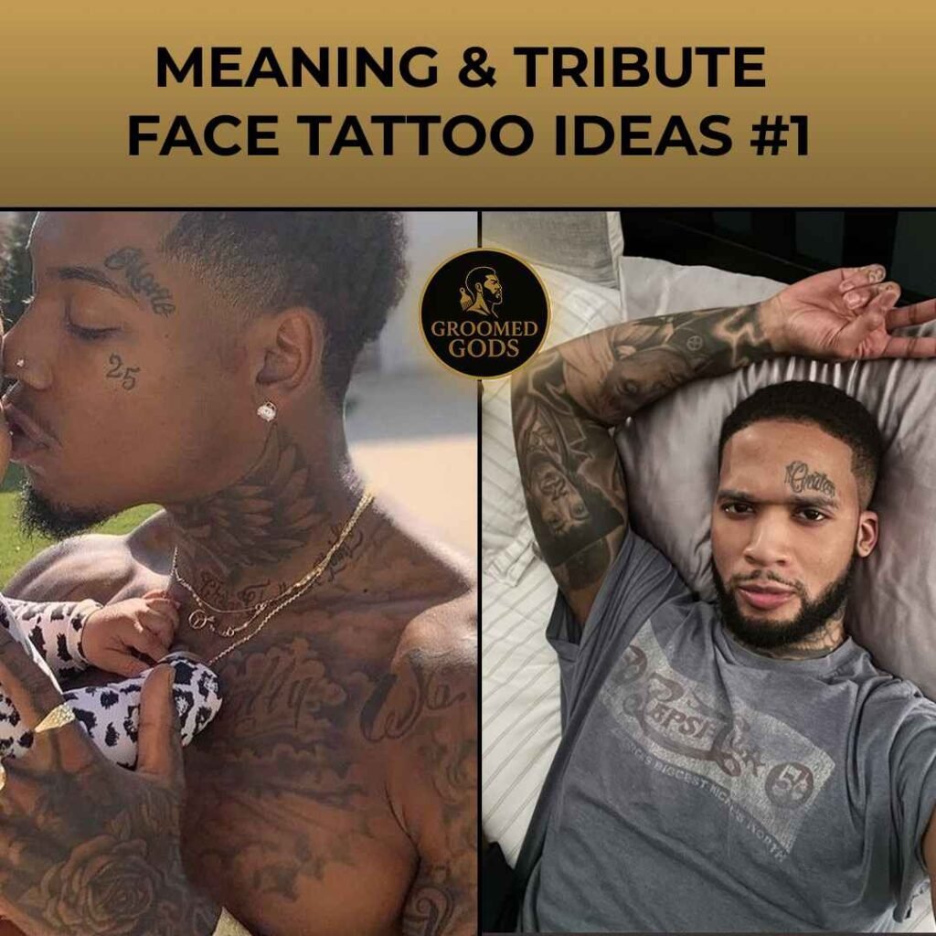 Two Black men with face tattoos — one kissing his baby, the other lying on a bed, showing meaning and tribute tattoo designs.