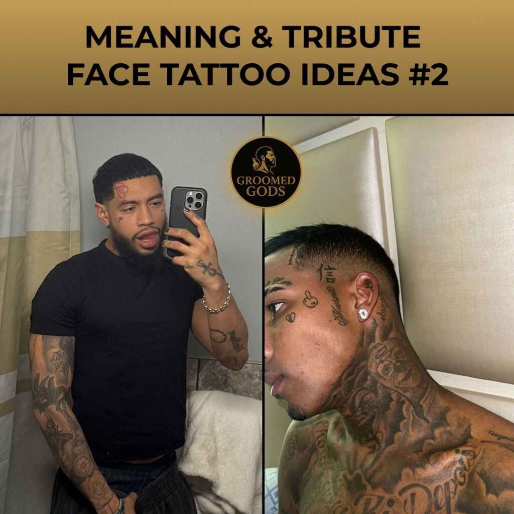 Two Black men with face tattoos — one taking a mirror selfie and another showing side-profile tattoos with symbolic designs.