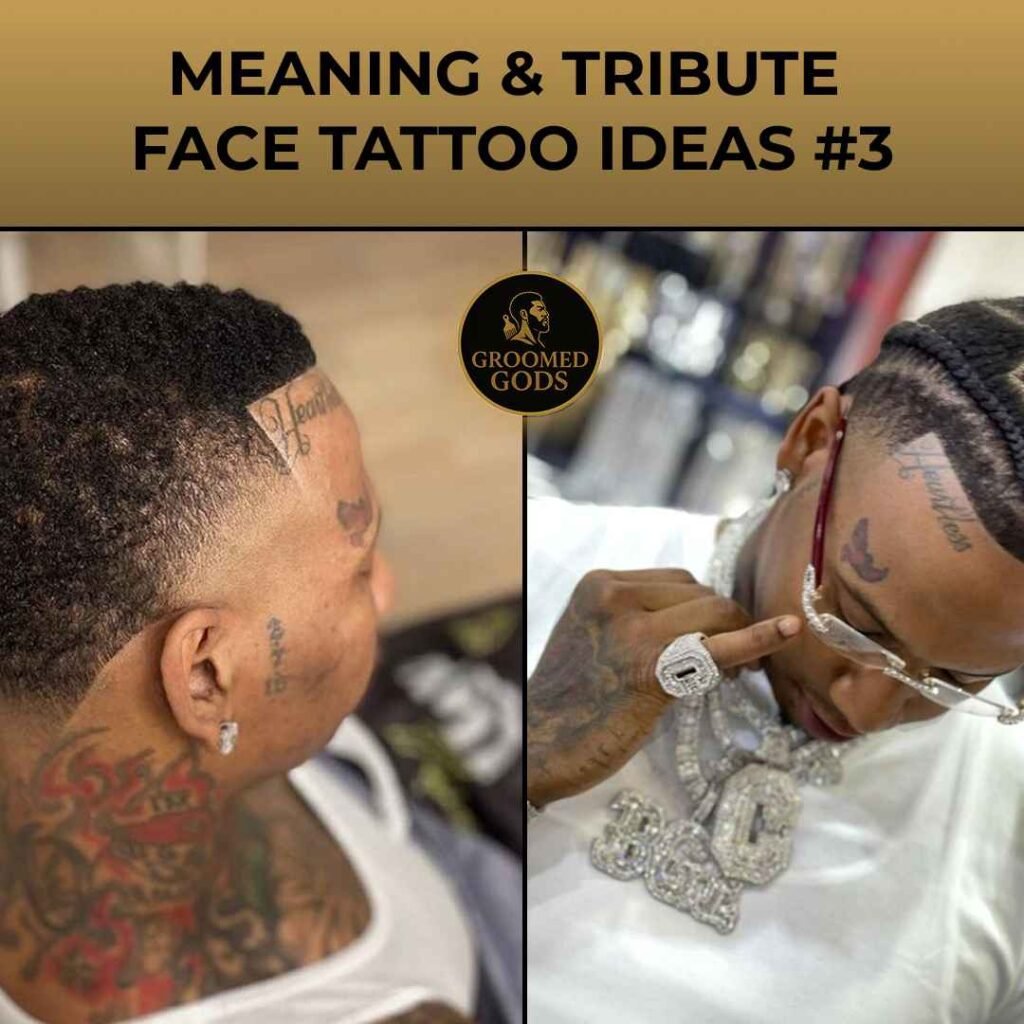 Two Black men with face tattoos — one showing a side profile and another wearing jewelry, highlighting meaningful and tribute tattoo styles.