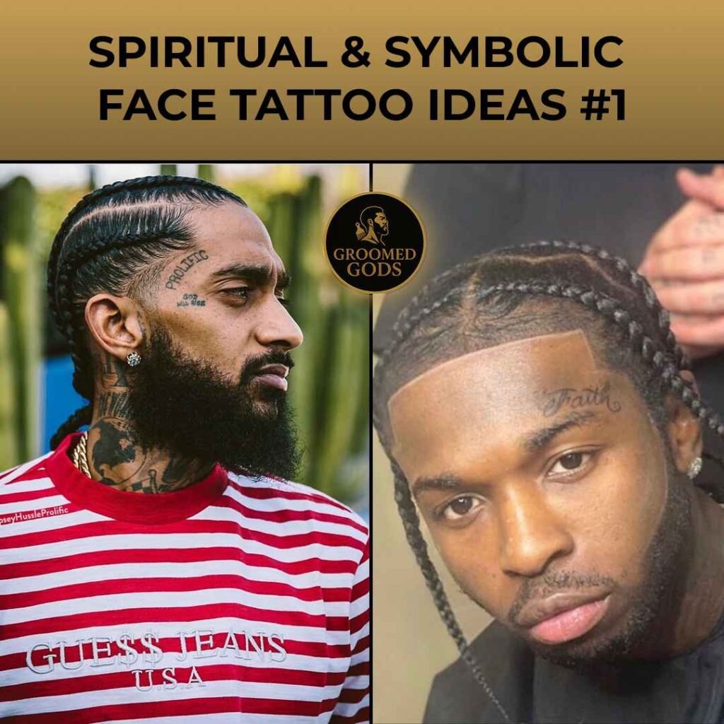 Two Black men with spiritual and symbolic face tattoos — one with “Prolific” on his temple and another with “Faith” above his eyebrow.