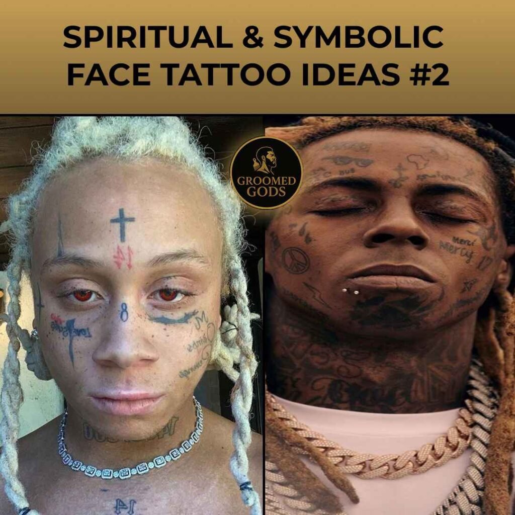 Two Black men with spiritual and symbolic face tattoos — one with cross and number designs, the other with peace and mercy symbols.