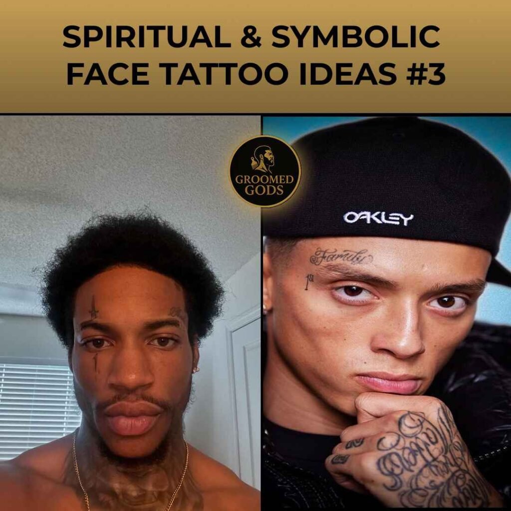 Two Black men with spiritual and symbolic face tattoos — one featuring a cross beneath the eye, the other with the word “Family” near the eyebrow.