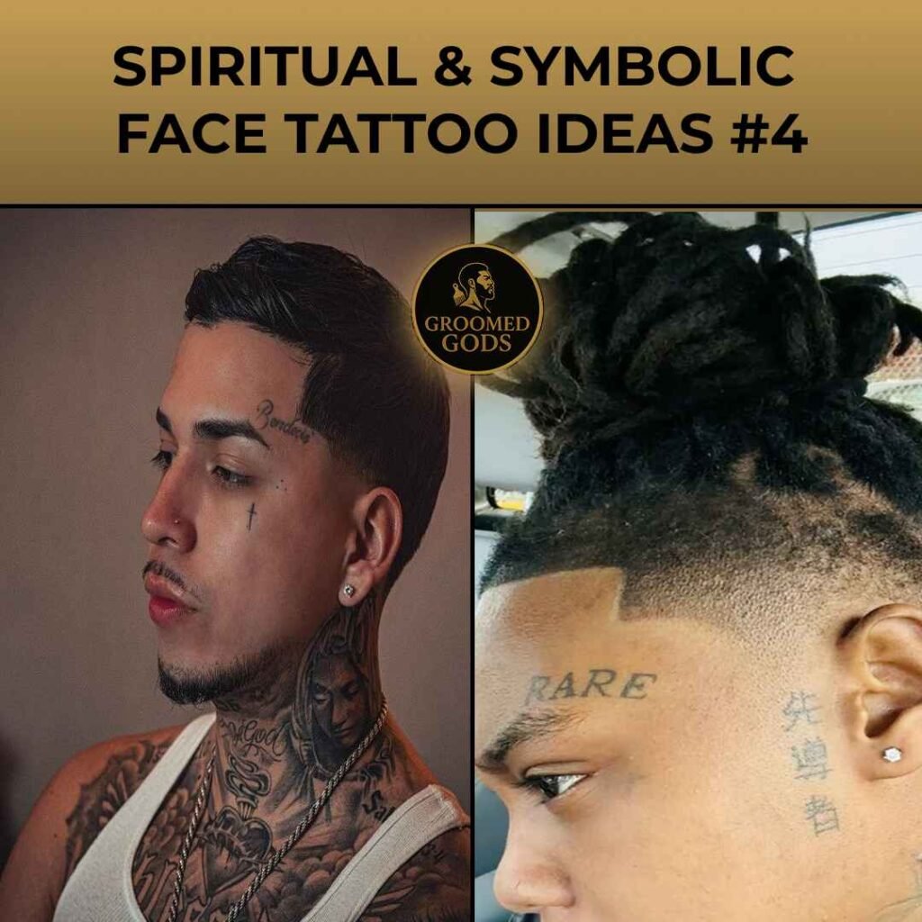 Two men with spiritual and symbolic face tattoos — one with a small cross near his eye and another with the word “RARE” and Asian characters on his temple.