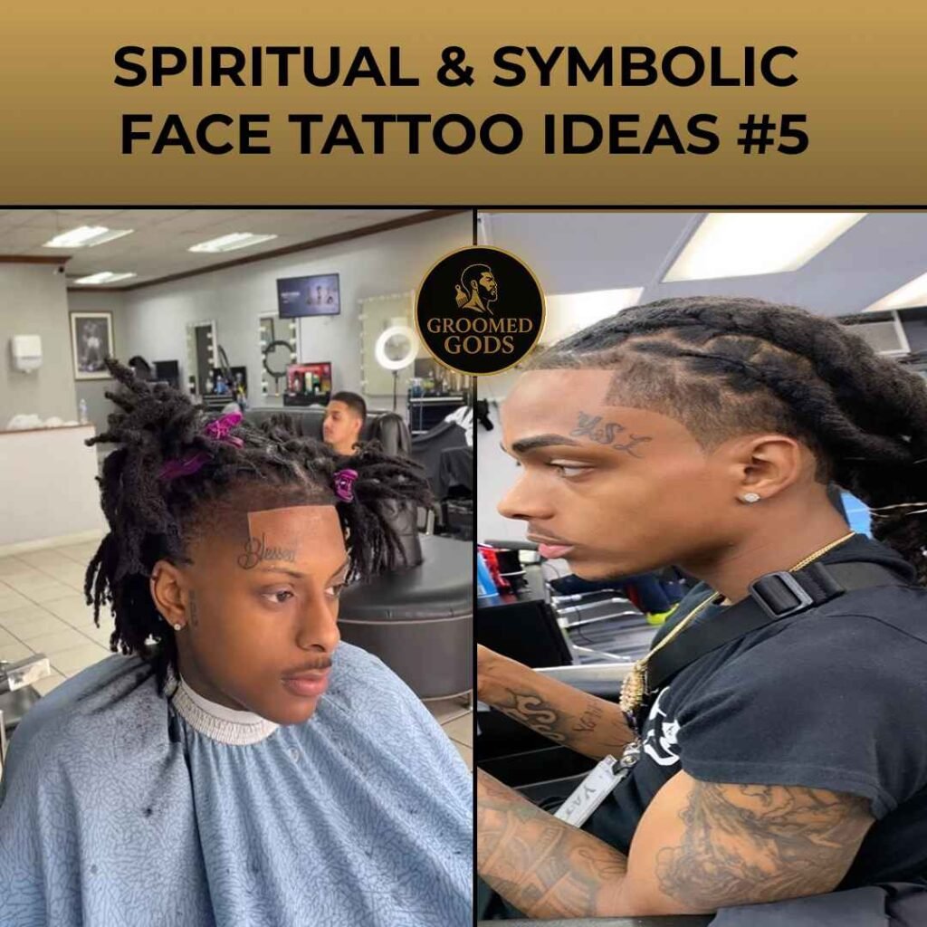 Two Black men with spiritual and symbolic face tattoos — one with “Blessed” on his forehead and another with letters above his eyebrow, both sporting loc hairstyles.