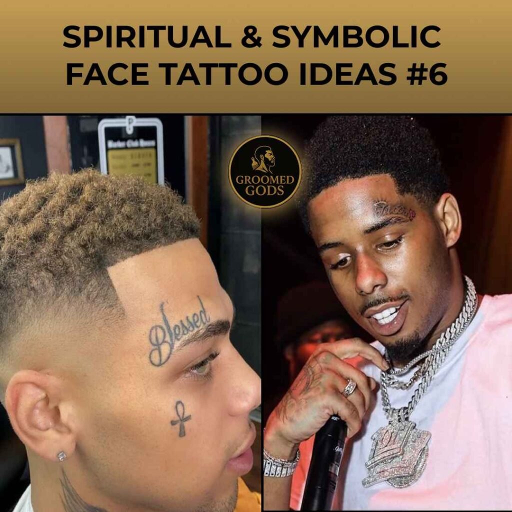 Two men with symbolic face tattoos — one featuring “Blessed” above the eyebrow and an ankh symbol below, and another with a forehead tattoo while holding a microphone.