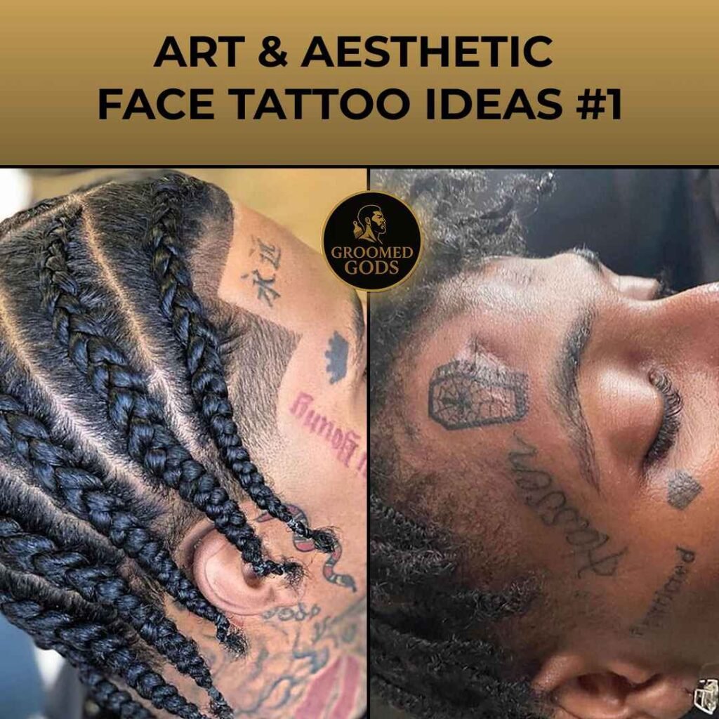 Two men with artistic face tattoos — one with braids and small symbols on his temple, and another with geometric and script tattoos across his forehead and cheek.