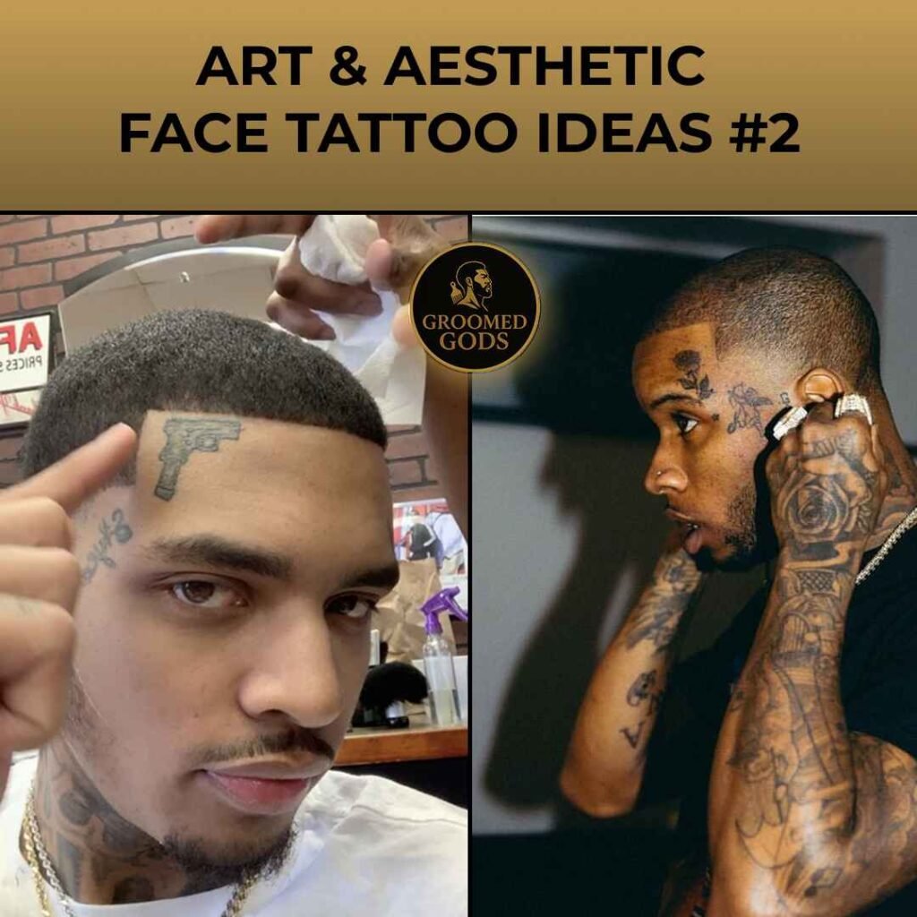 Two men with artistic face tattoos — one featuring a small gun tattoo on the temple and another with multiple artistic designs across his face and arms.
