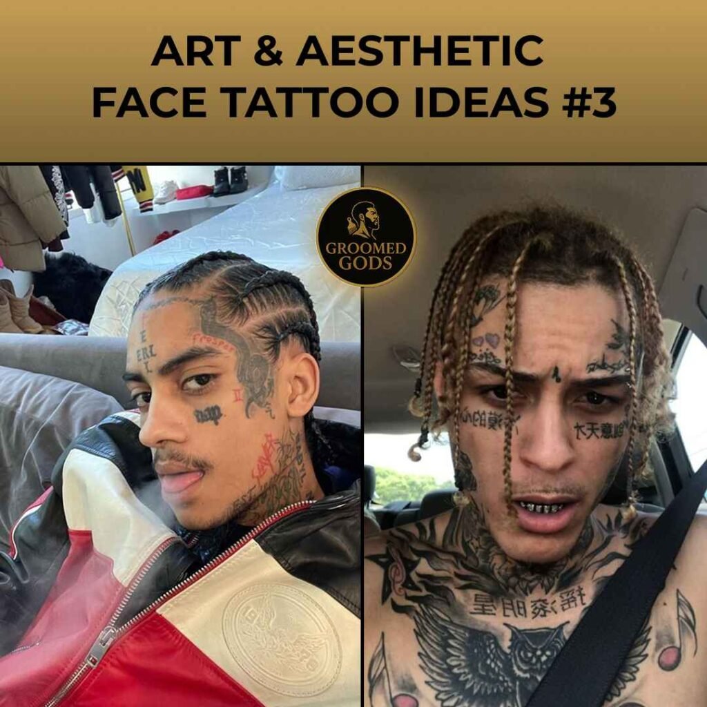 Two men with detailed face tattoos — one featuring side braids and symbolic lettering across his temple, and another with multiple tattoos and chest designs visible through braided hair.