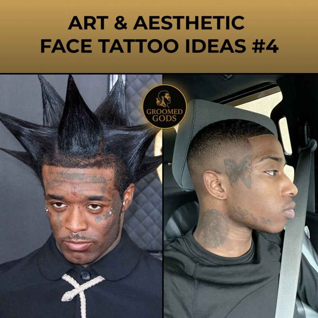 Two men with creative face tattoos — one featuring Lil Uzi Vert with small facial tattoos and unique spiked hairstyle, and another with butterfly and neck tattoos sitting in a car.