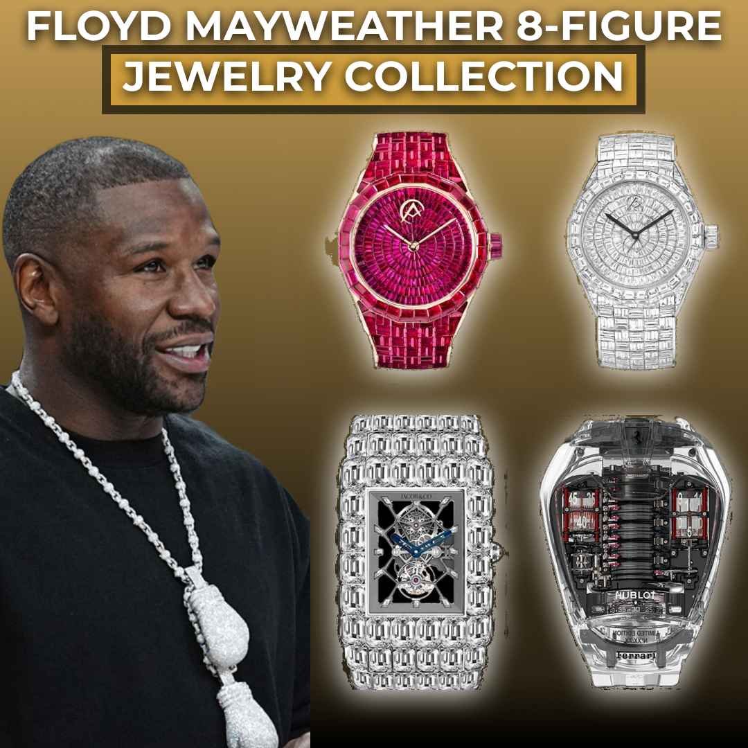 Four luxury watches from Floyd Mayweather’s collection — the Hublot MP-05 LaFerrari, red ruby Hue by Avi & Co., Avi & Co. Iced White Gold Diamonds, and the Jacob & Co. Billionaire watch — displayed on a gold background.