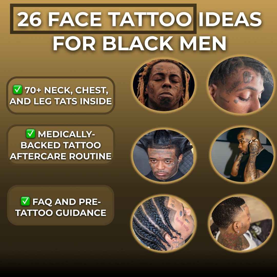 Collage showing Lil Wayne, NBA YoungBoy, Lil Uzi Vert, Tory Lanez, and Moneybagg Yo — each featuring distinct face tattoos under the title “26 Face Tattoo Ideas for Black Men.”