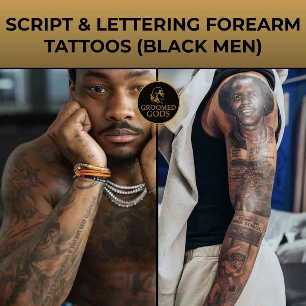 DeMar DeRozan and Stefon Diggs showing detailed script and lettering forearm tattoos — bold tattoo ideas for Black men featuring names, portraits, and meaningful designs.