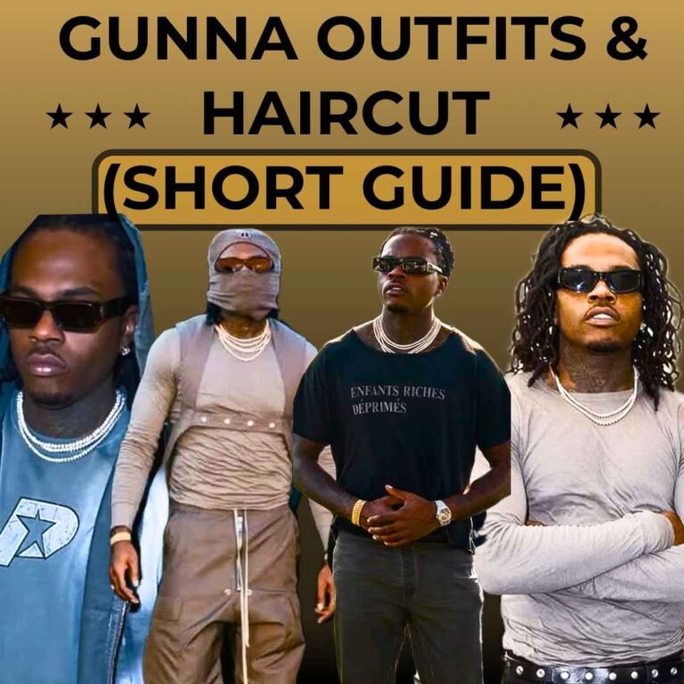 Gunna style collage showing multiple outfits and hairstyles from the short guide.