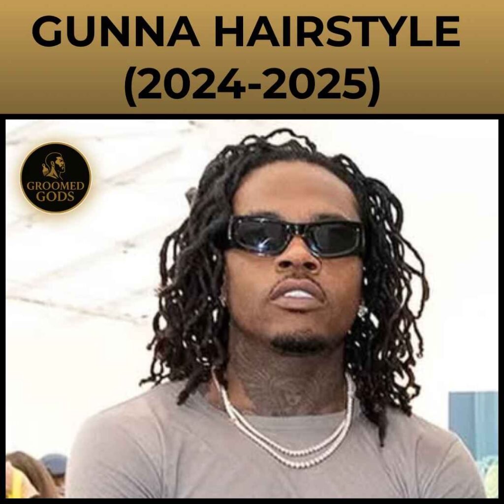 Gunna wearing a twist-out hairstyle with medium-length textured twists, paired with dark sunglasses and layered silver chains in a portrait-style image for the 2024–2025 hairstyle guide.