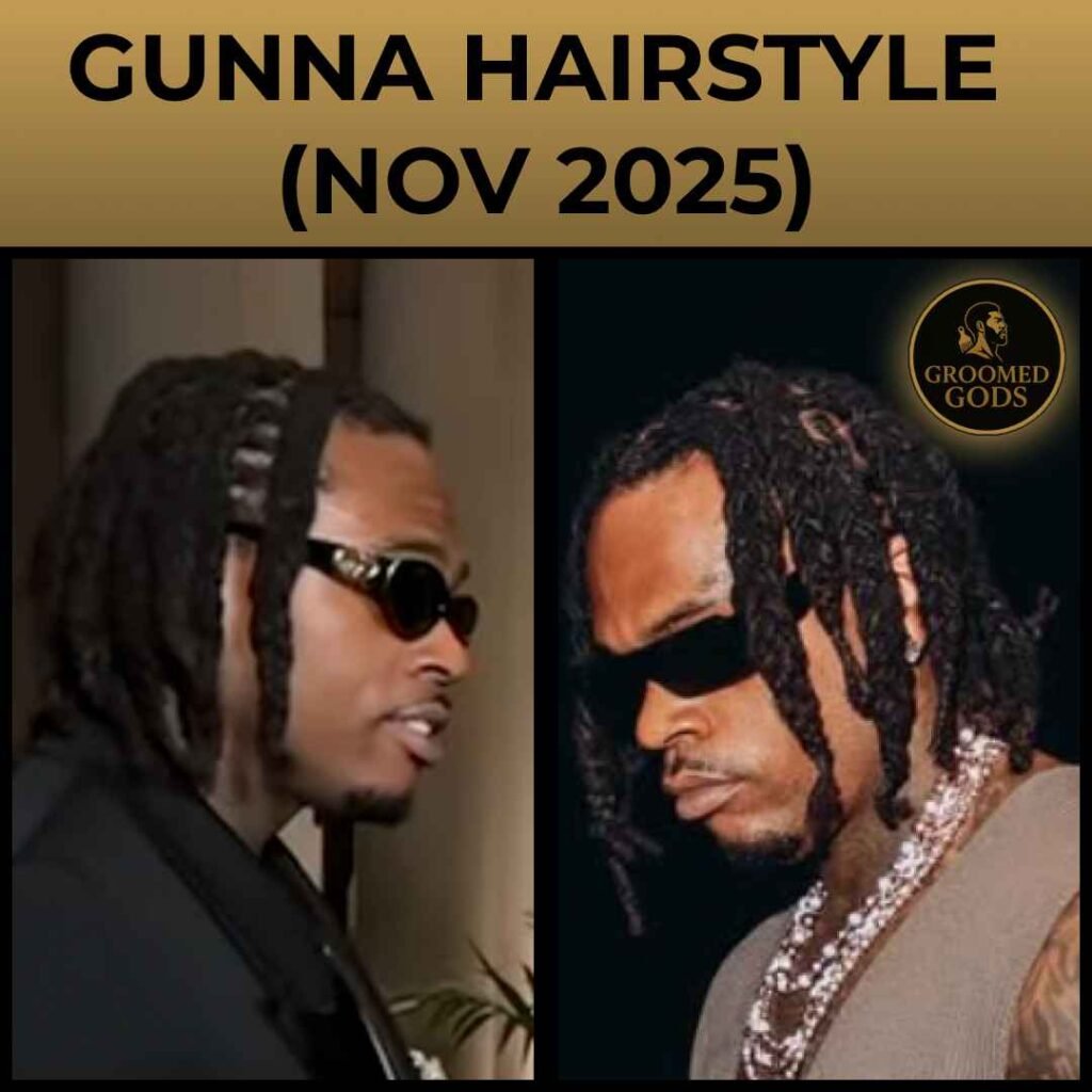 Gunna wearing braided dreads in November 2025, shown in two side-by-side portraits with medium-length locs styled into neat braids, sunglasses, and layered jewelry.