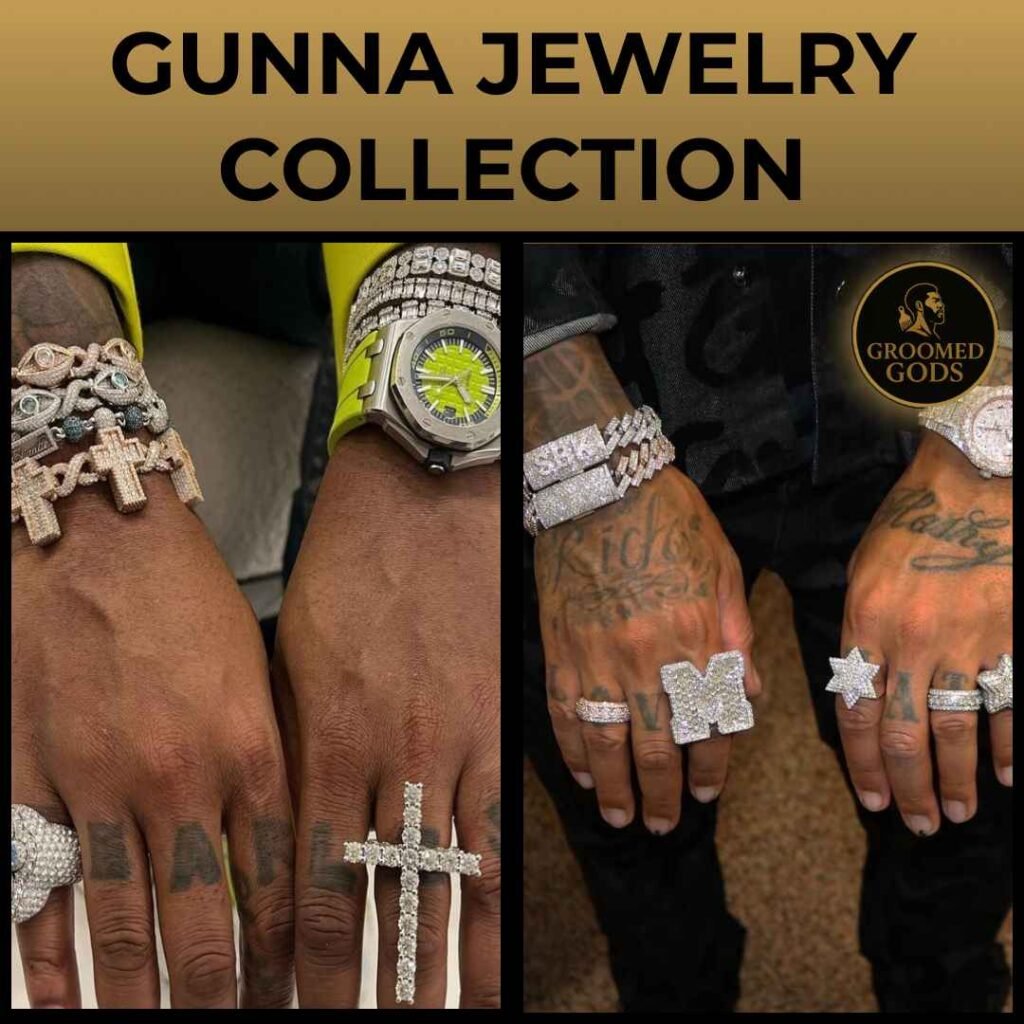 Close-up of Gunna’s diamond rings, bracelets, and luxury watches from his jewelry collection.