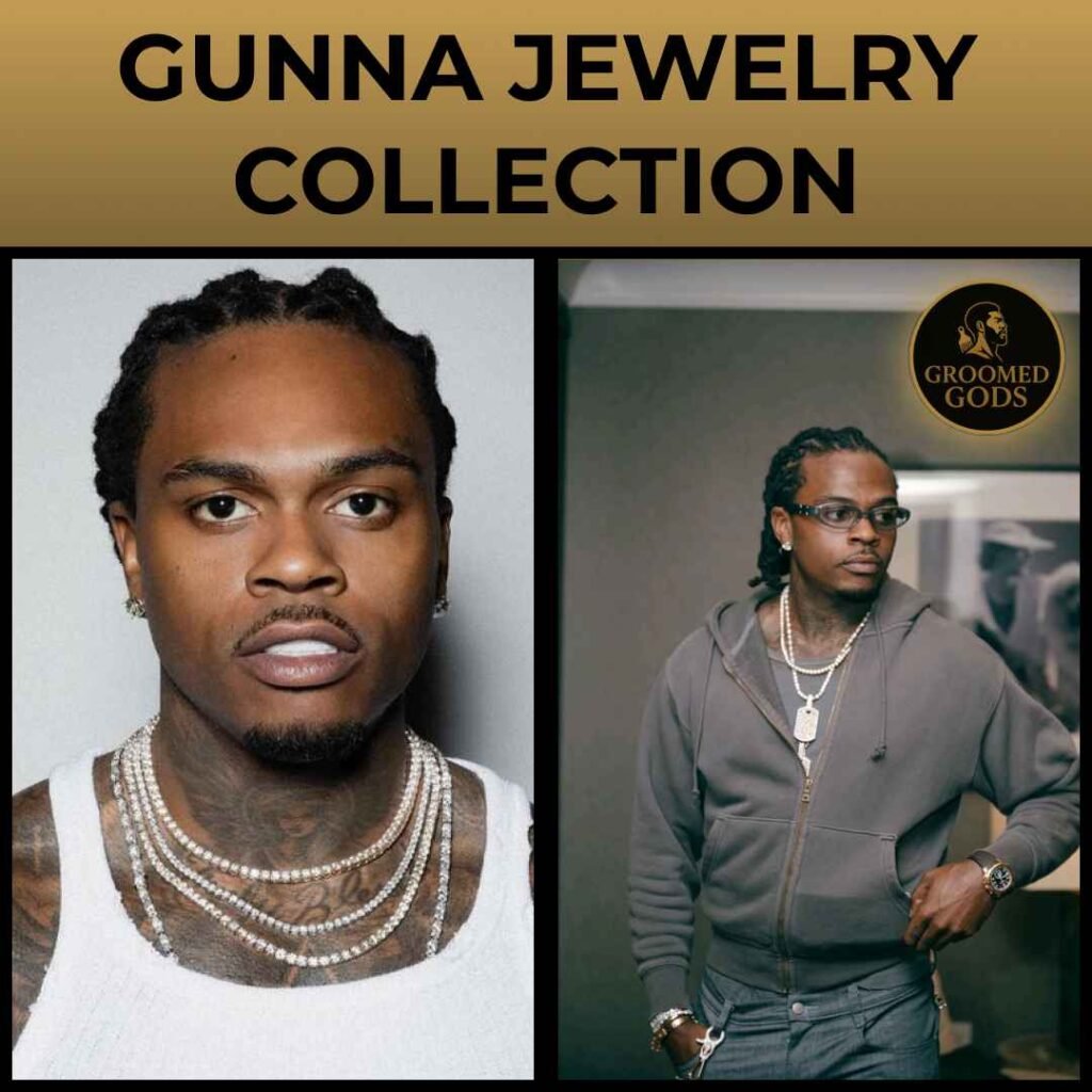 Gunna wearing layered diamond chains and watches from his jewelry collection.