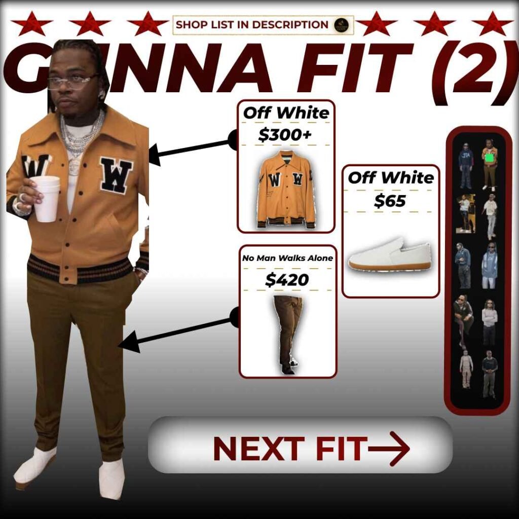Gunna wearing Off-White varsity jacket, brown pants, and white shoes.