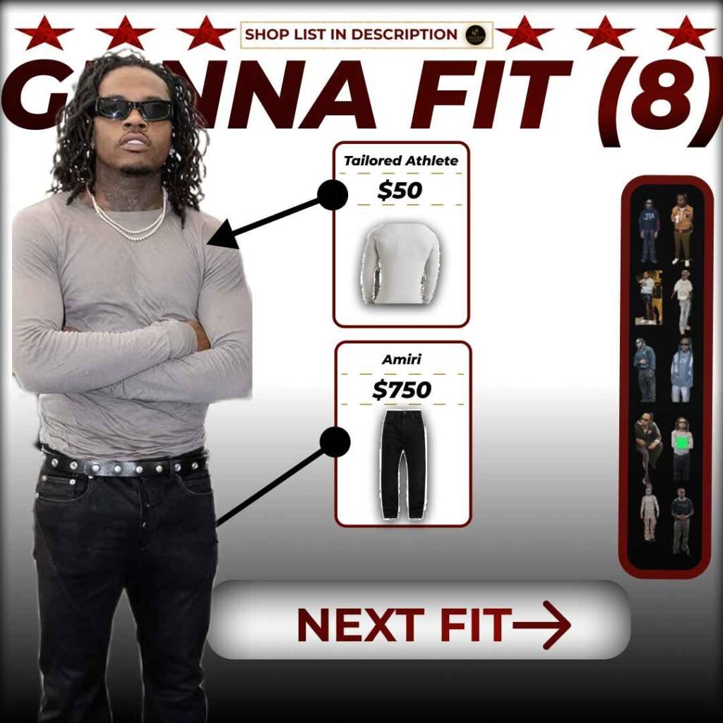 Gunna wearing grey Tailored Athlete shirt and black Amiri jeans with belt.