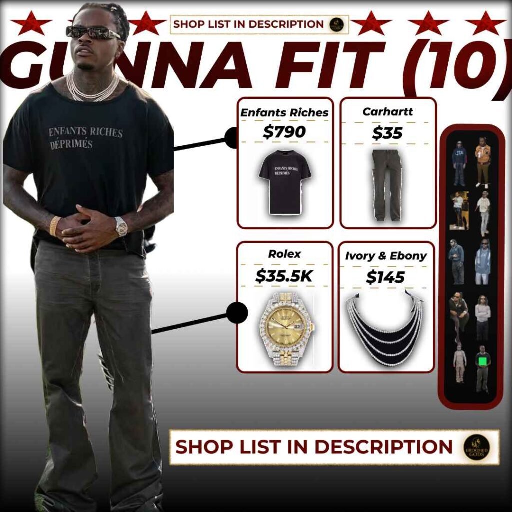 Gunna wearing Enfants Riches tee, Carhartt pants, and Rolex watch with layered chains.