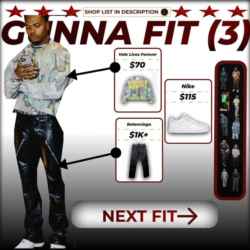 Gunna wearing camo Vale Lives Forever hoodie, Balenciaga pants, and white Nike sneakers.