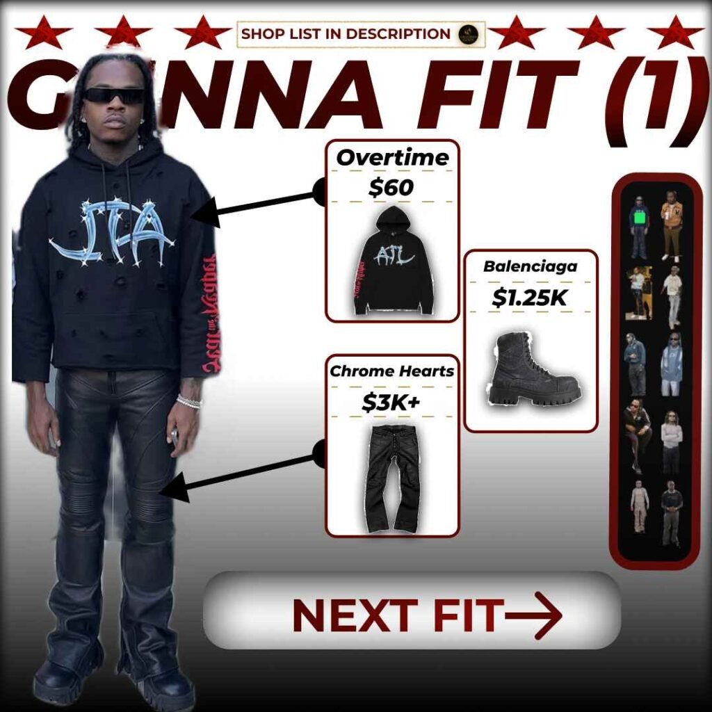 Gunna wearing Overtime hoodie, Chrome Hearts pants, Balenciaga boots.