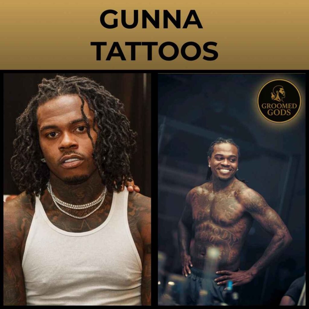 Gunna showing his tattoos across chest, arms, and neck in studio and casual settings.