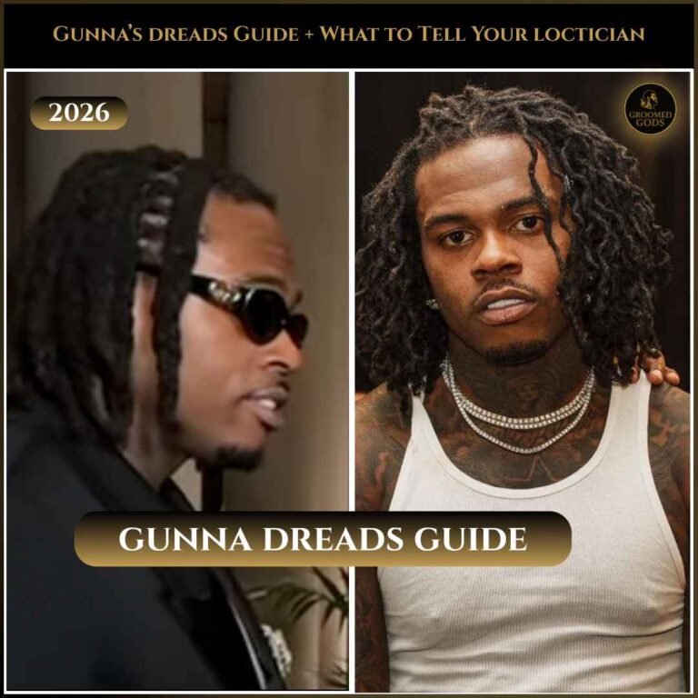 Side-by-side photos of Gunna showing two of his signature dread styles — braided dreads on the left and loose twist-out dreads on the right — featured in a 2026 Gunna Dreads Guide.