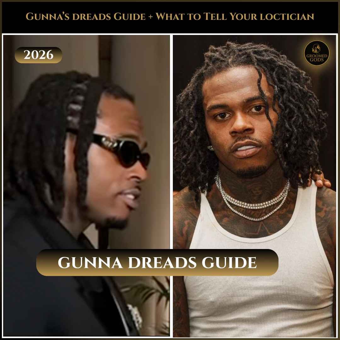Side-by-side photos of Gunna showing two of his signature dread styles — braided dreads on the left and loose twist-out dreads on the right — featured in a 2026 Gunna Dreads Guide.