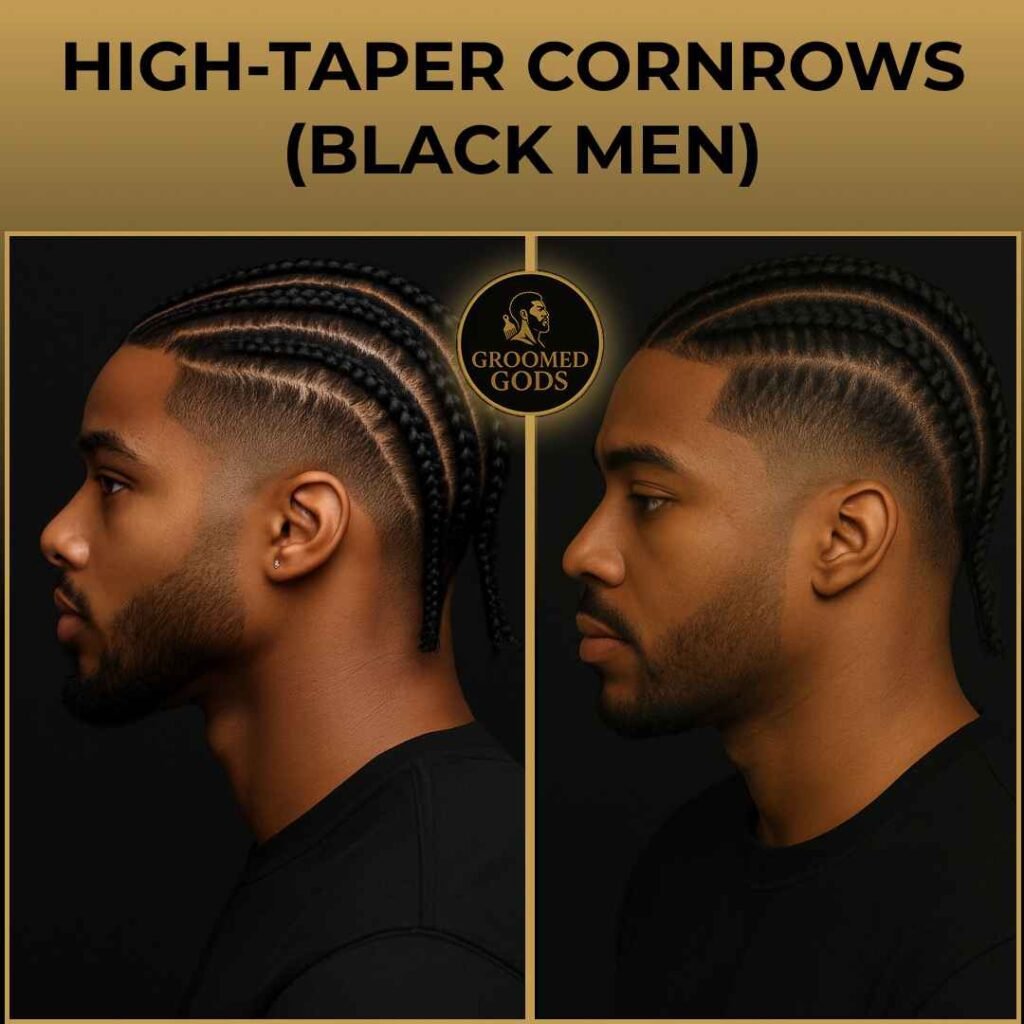 Side-by-side images of a Black man with high-taper cornrows, featuring clean edges, tight braids, and a sharp fade.