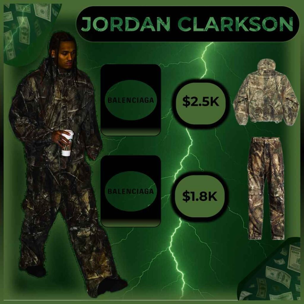 Jordan Clarkson wearing a full Balenciaga camouflage outfit with green lightning and dollar graphics in the background, showing prices for jacket ($2.5K) and pants ($1.8K).