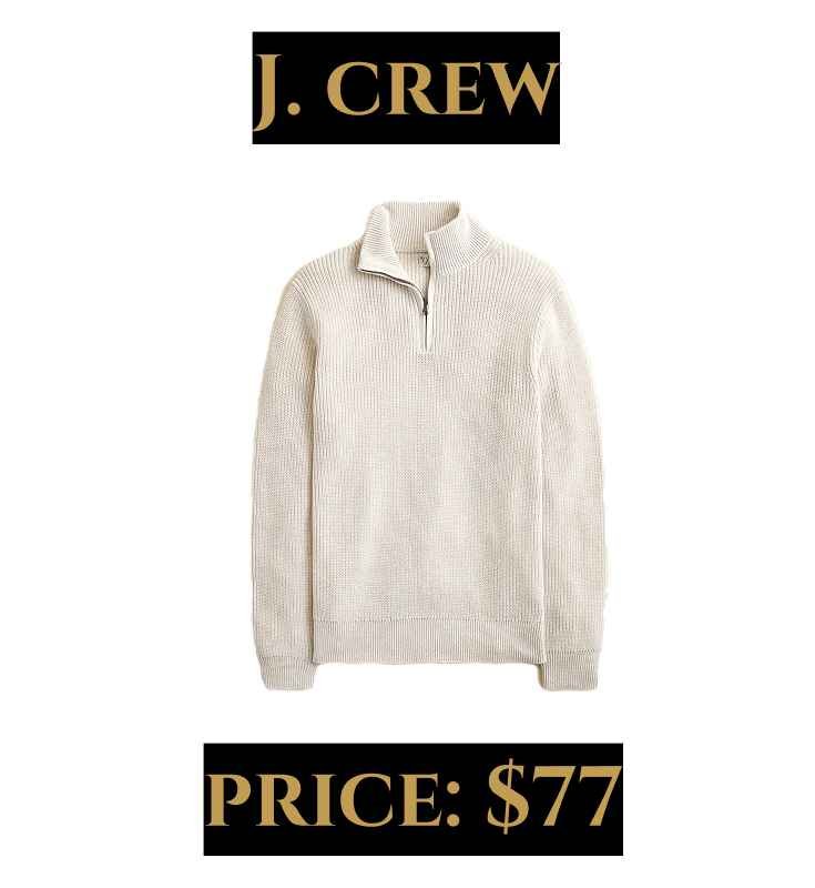 J.Crew cream quarter-zip sweater displayed on a white background with price shown below.