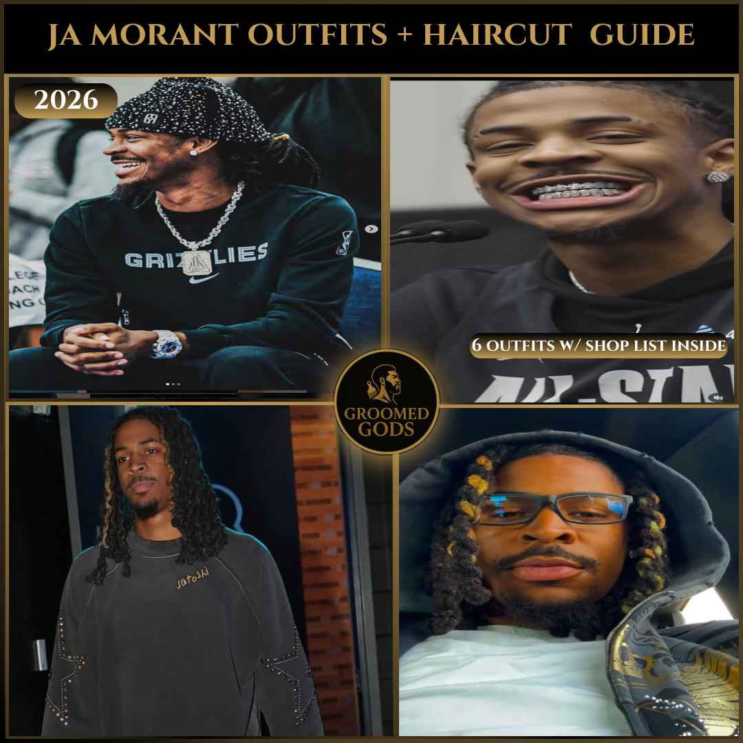 Collage of Ja Morant showing his outfits, haircut, dreads, and jewelry in 2026.