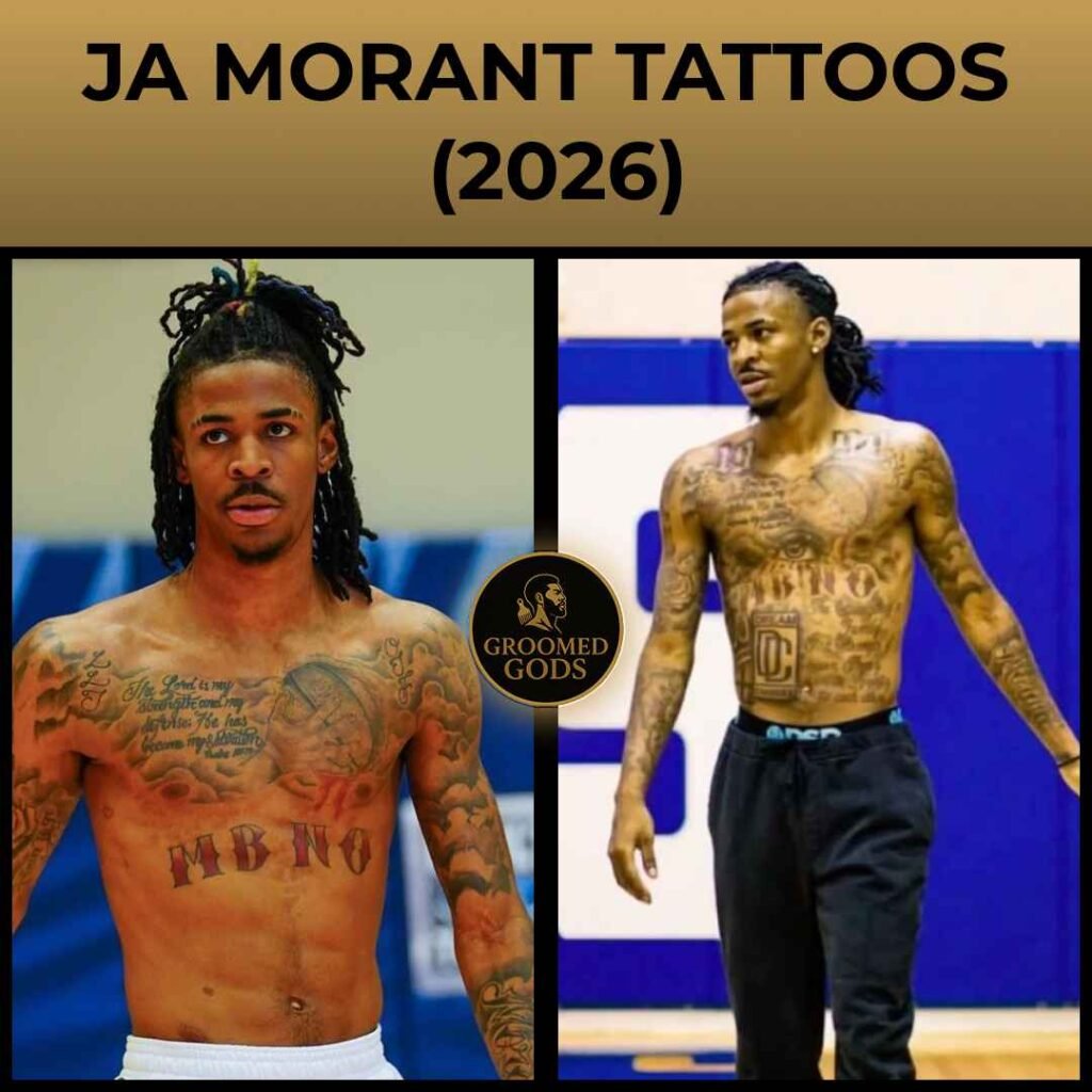 Ja Morant showing full chest and torso tattoos in two photos (2026)
