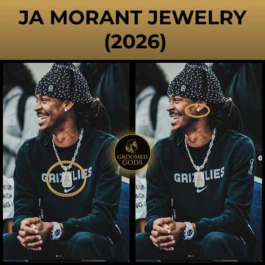Ja Morant wearing layered diamond chains, charm pendant, watch and stud earrings — jewelry close-up (2026).”