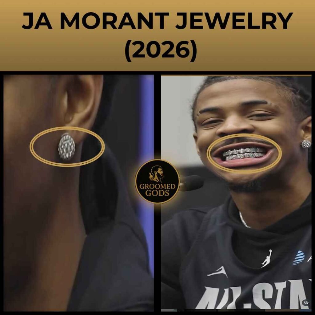 Ja Morant jewelry close-up showing his diamond stud earring and diamond grill (2026).