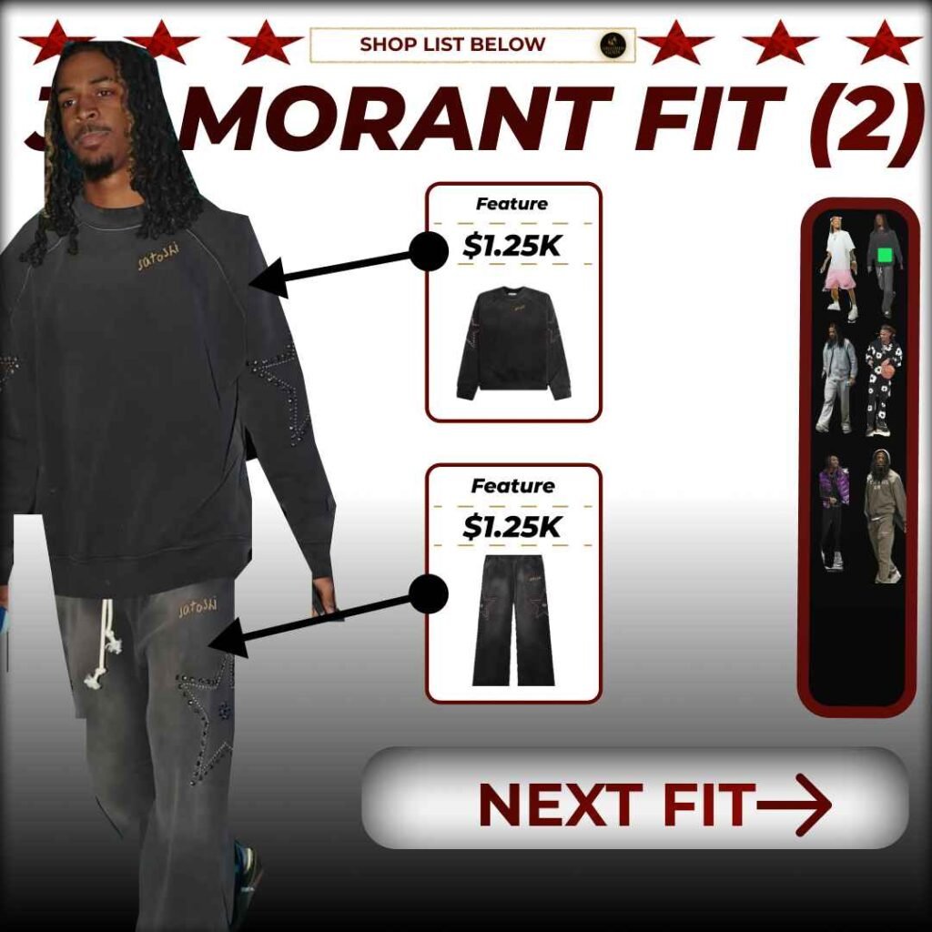 Ja Morant outfit featuring black designer sweatshirt and matching pants with price callouts.