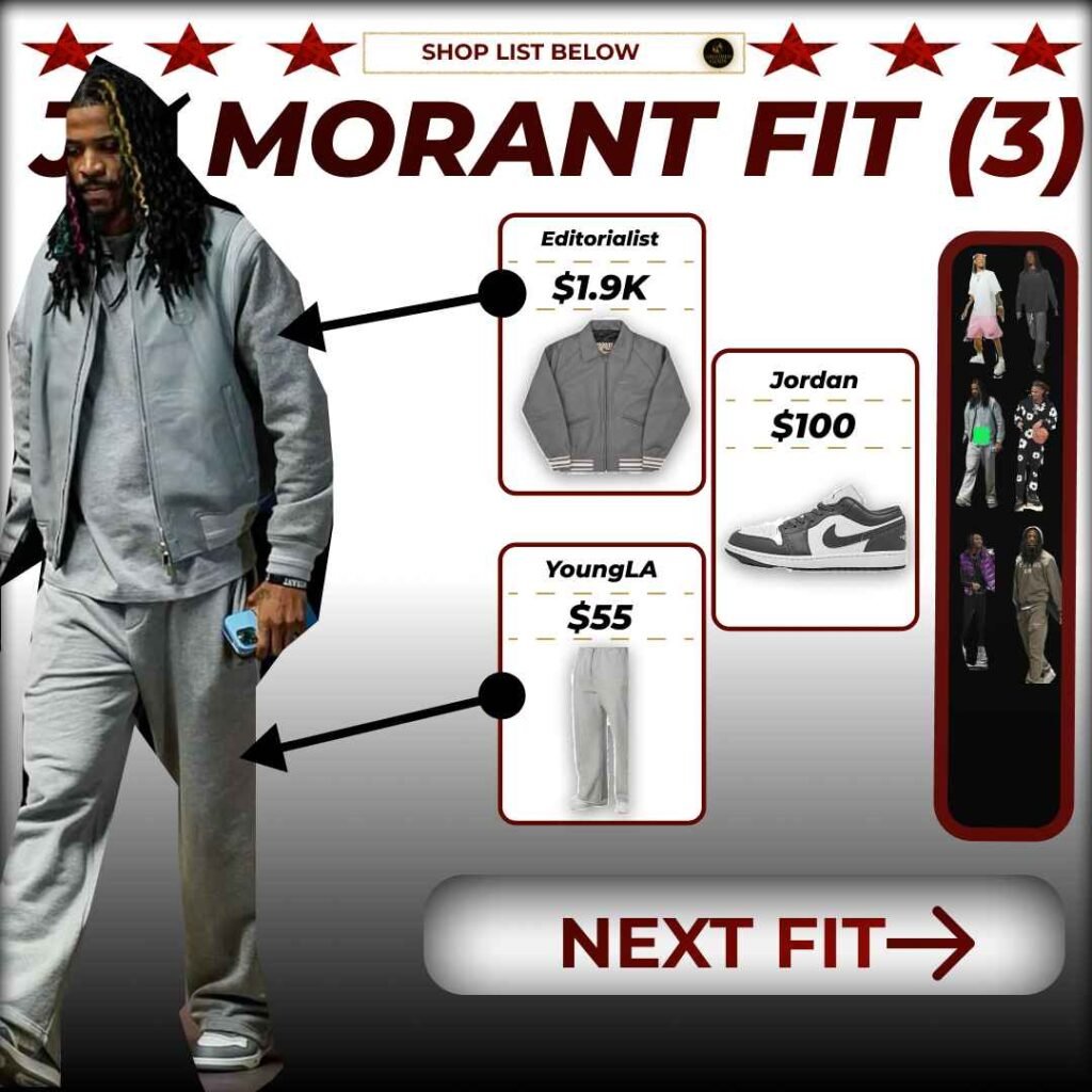 Ja Morant wearing a grey tracksuit with callouts showing prices for his jacket, sweats, and sneakers