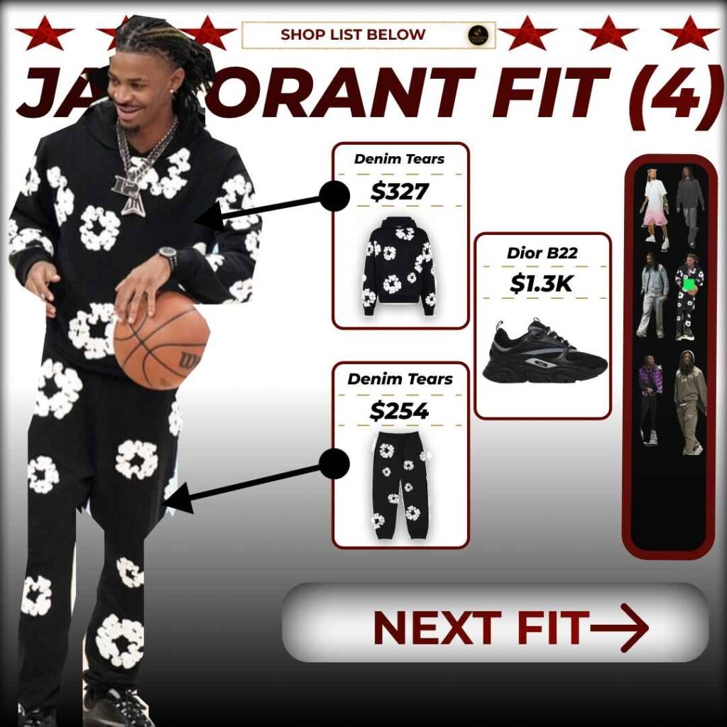Ja Morant wearing a black floral Denim Tears outfit while holding a basketball, with product callouts showing the hoodie, pants, and Dior B22 sneakers.
