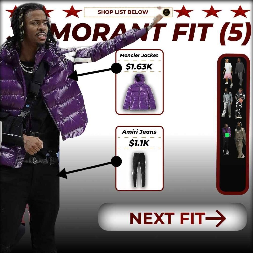 Ja Morant wearing a purple moncler puffer jacket and black pants with labeled items and prices.