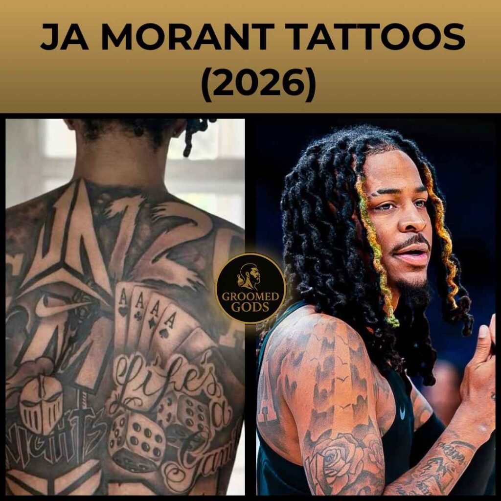 Side-by-side images of Ja Morant’s tattoos — the left side showing his large back tattoo featuring cards, dice, and lettering, and the right side showing Ja Morant on the court with visible arm tattoos and long locs.