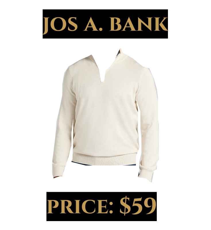 Cream Jos. A. Bank quarter-zip sweater with ribbed cuffs and collar, priced at $59